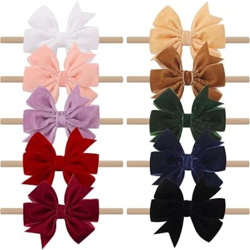 jollybows 10PCS Velvet Bow Headbands for Baby Girls Elastic Newborns Bows