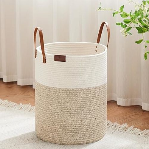 VIPOSCO Tall Laundry Basket, Large Dirty Clothes Hamper with Leather Handle, Woven Rope Storage Basket for Blanket, Toy In Living Room, Bathroom, Bedroom - 53L White & Brown