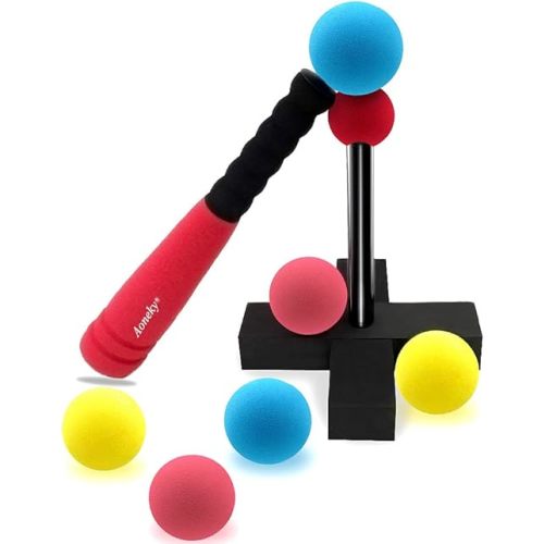 Aoneky Foam Tball Set for Toddlers 1-3 Years - First Baseball Toy with Soft Foam Bat & Balls, Stable Tee & Carry Bag, Indoor Outdoor Gift for Kids (Red)