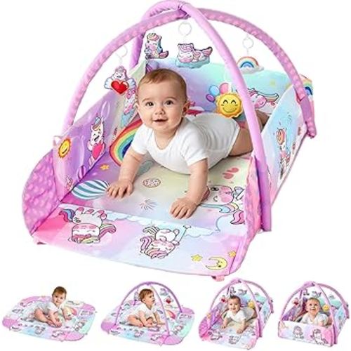 Looxii Baby Play Gym & Activity Mat, Convertible Play Mat with 5 Detachable Sensory Toys for Stage-Based Tummy Time & Motor Skill Development, Washable Infant Playmat for 0-6-12 Month Baby Gifts，Pink