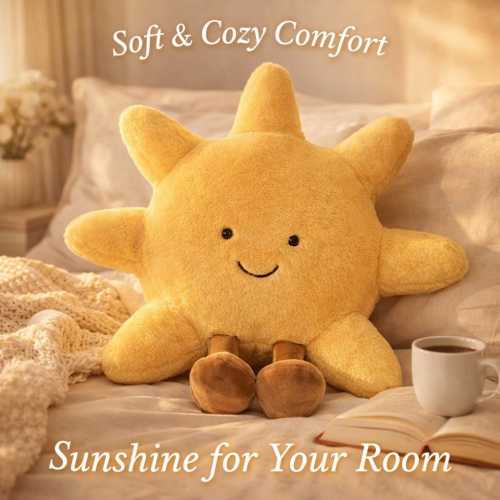 Smiling Sun Plush Pillow, Soft Cozy Cushion, Kawaii Bedroom Decor Accent