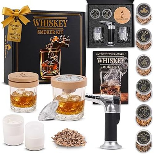 Whiskey Smoker Kit with Torch – 6 Wood Chip Flavors & 2 Glasses – Cocktail Smoker Infuser Set for Old Fashioned and Bourbon– Birthday Gifts for Men, Dad, Husband and Boyfriend(Butane Not Included)