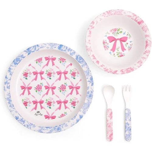 Itzy Ritzy Dining Set - Melamine Plate, Bowl, Fork & Spoon Set, Designed For Ages 6 Months and Up (Ribbons & Roses)
