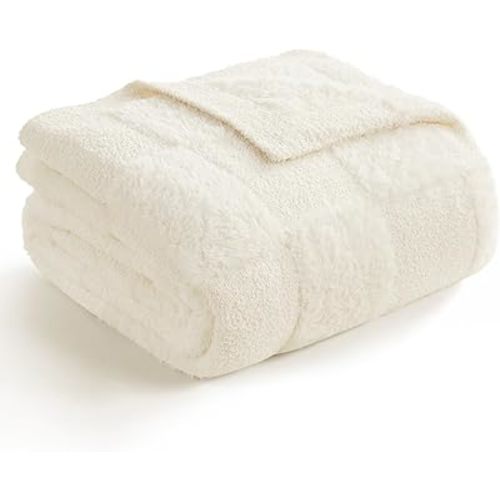 Snuggle Sac Checkered Throw Blanket Faux Fur Microfiber Blankets for Couch,Cozy Soft Warm Blanket for Sofa Bedroom Living Room,Solid Ivory,50x60 inches