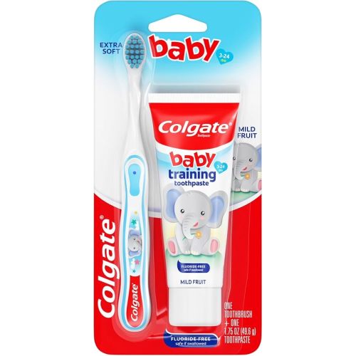 Colgate Baby Toothbrush and Baby Training Toothpaste, First Toothbrush for Ages 3-24 Months with Extra Soft Bristles, Mild Bubblefruit Flavor, Fluoride Free and Sugar Free Formula, Safe if Swallowed