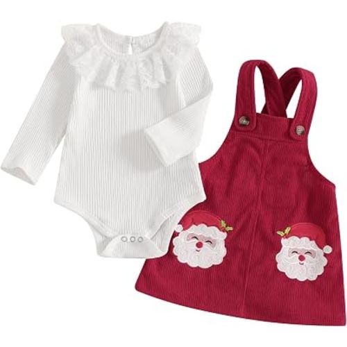 VSQWLZT Baby Girl Christmas Romper with Red Santa Suspender | Newbon Infant Christmas Outfit Xmas Clothes Long Sleeve Romper + Corduroy Suspender Dress Set