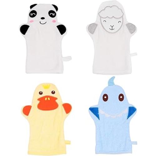 Lurrose 4pcs Baby Bath Mitts Washcloths Cartoon Animal Kids Shower Sponge Cotton Towel Body Scrubbing Gloves for Baby Toddler Kids Bath and Shower