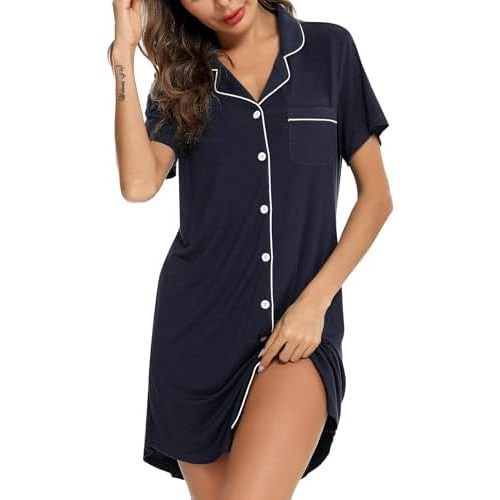 Samring Nightgowns for Women Short Sleeve Button Down Night Gown Sleepshirt