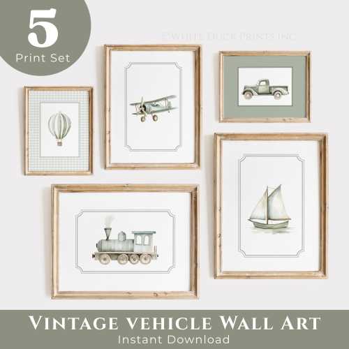 Sage Green Travel Boy Nursery Wall Art | Vintage Truck Hot Air Balloon Boat Plane Train Print Transportation Nursery Decor Gallery Set of 5