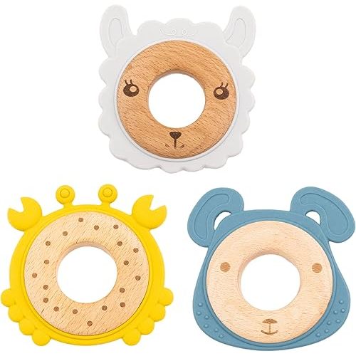 3-Pack Baby Teething Toys for 0-12 Months | Food-Grade Silicone & Natural Beech Wood Teether Set | Easy-to-Hold Animal Shapes for Soothing Chewing | BPA-Free Teethers for Babies Boys & Girls