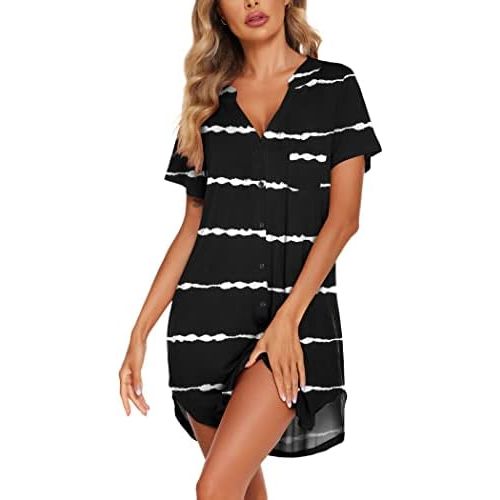 Ekouaer Women V Neck Button Down Nightgown