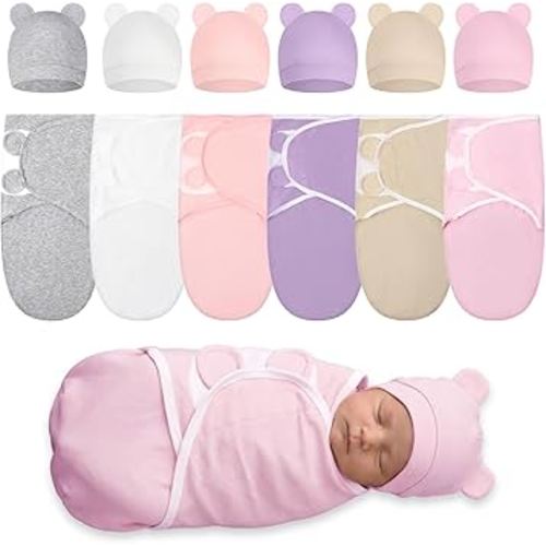 Ramede 6 Pack Preemie Swaddle Blanket with Hats Sleep Swaddle for Baby Boy Girl Preemie Newborn Sacks Soft Cotton Wearable (Classic,Light Color)