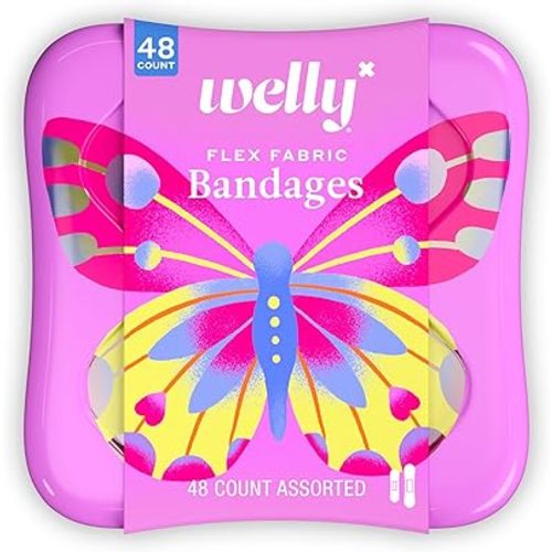 Welly Bandages | Adhesive Flexible Fabric Bravery Badges | Assorted Shapes for Minor Cuts, Scrapes, and Wounds | Colorful and Fun First Aid Tin | Butterfly Patterns - 48 Count