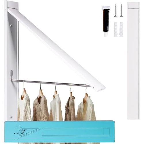 Retractable Clothes Drying Rack,Space Saver Wall Mounted Folding Hanger for Laundry Room, Closet Storage Organization, Easy Installation Aluminum Dryer White