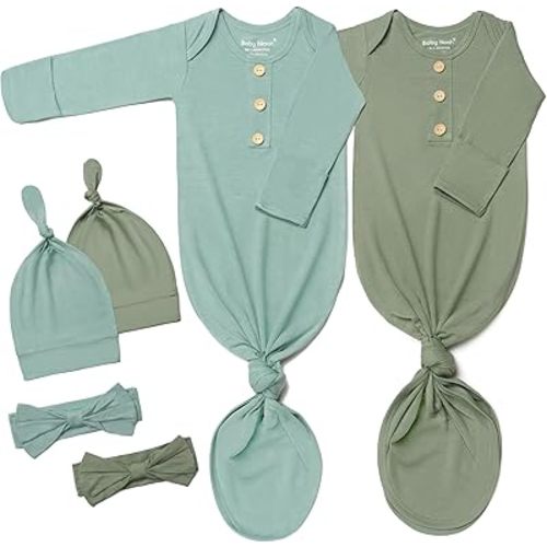 Baby Noah Newborn Knotted Gown Set with Hat and Headband, Soft Tie Bottom Newborn Sleepers for Baby Girl Boy (2 Packs)
