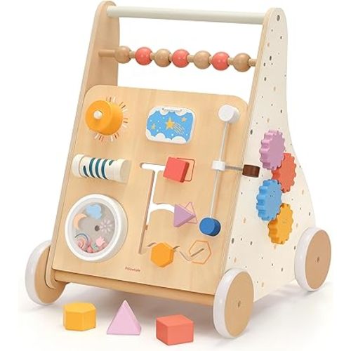 Wooden Baby Walker for Toddlers Learning to Walk, Push Walker Toy with Montessori Activity Center & Adjustable Brake, 12M+ (Spring Bird)