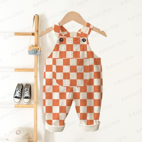 Baby Toddler Orange Checkerboard White Overalls