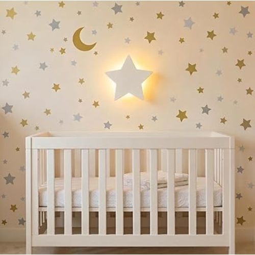 Star Wall Night Light with 106 Moon and Stars Wall Decals Set for Nursery – Rechargeable & Dimmable Crib and Toddlers Night Light - 90 Min Timer for Bedtime Routine