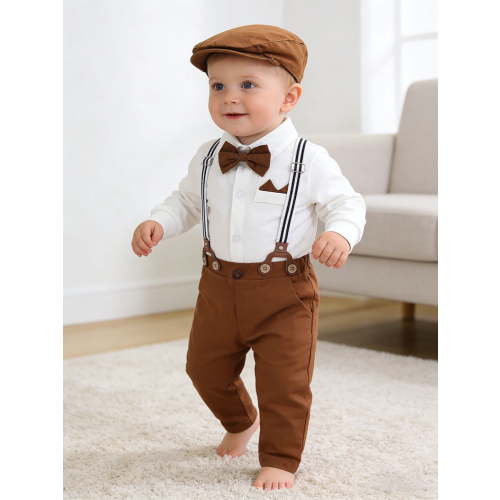 CARETOO Baby Boy Clothes Infant Formal Outfit Suit Shirt Hat Suspender Pants Bowtie 0-18M Cotton Fabric 4pcs Church Wedding Baptism Suit