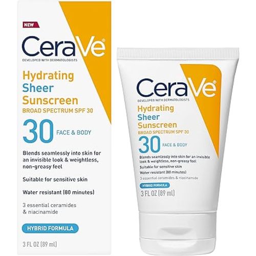 CeraVe Hydrating Sheer Sunscreen SPF 30 for Face and Body, 3 Ounces | Mineral & Chemical Sunscreen with Zinc Oxide, Hyaluronic Acid, Niacinamides and Ceramides, Paraben Free