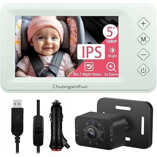 Baby Car Camera with Advanced Crystal-Clear Night Vision, 3X Zoom, USB Powered, 5'' AHD 1080P IPS Car Baby Monitor, Backseat Camera for Kids Infants Rear Facing Mirror, 5inch, Green