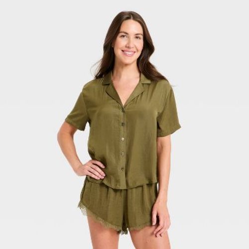 Women's Luxury Collection Satin Notch Collar Top and Lace Trim Shorts Pajama Set - Auden™ Olive Green L