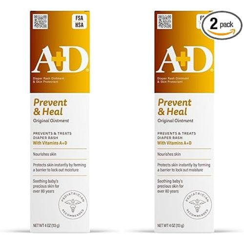 A+D Original Diaper Rash Ointment Prevents & Treats Diaper Rash, Moisturizing Skin Protectant with Vitamins A & D, Healing Skin-Ointment for Dry and Cracked Skin 4oz (Pack of 2)