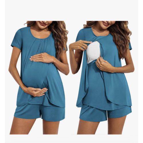 Ekouaer Women's Maternity Nursing Pajamas Set Breastfeeding Sleepwear Double Layer Short Sleeve Top & Shorts Nursing Pjs