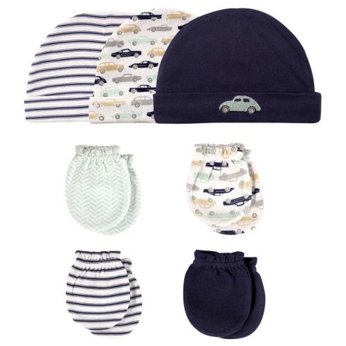 Hudson Baby Infant Boys Cotton Cap and Scratch Mitten 7pc Set, Classic Car, 0-6 Months