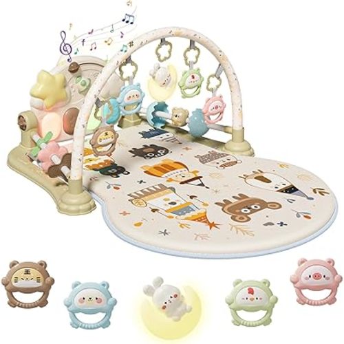 Baby Play Gym Mat - Funny Play Piano Activity Playmat with 5 Infant Learning Detachable Toys for Sensory Development, Music and Lights Tummy Time Mat Newborns Gifts for 0-12 Months