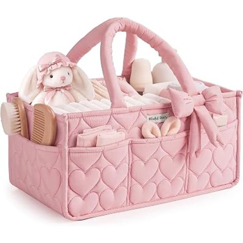 Blissful Diary Baby Diaper Caddy Organizer, Heart-Quilted, Light Pink
