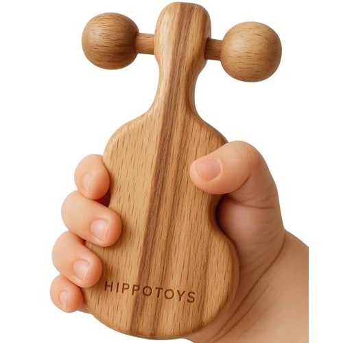 HippoToys Baby Teether – USA’s First Real Natural Wooden Teething Toys for Babies 0–18 Months – Calm Wooden Rattle – No Paint No Plastic No Toxins - Safe Baby Gift