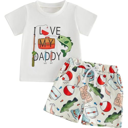 Toddler Baby Boy Fishing Outfit Fish Embroidered Crew Neck T-Shirt Striped Shorts Set 2Pcs Infant Summer Beach Clothes