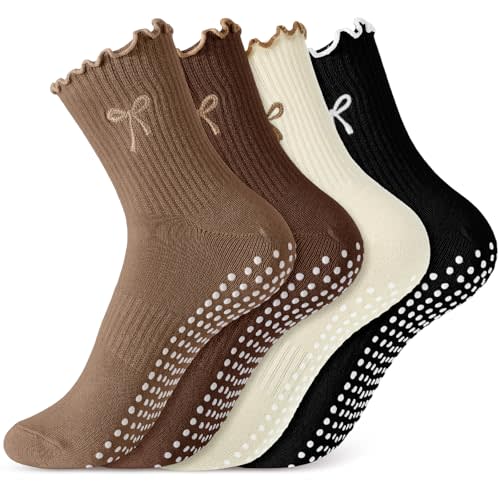 Jeyiour 4 Pairs Cute Pilates Grip Socks for Women, Ruffle Non Slip Crew Grippy Yoga Socks with Bow for Gym Ballet Barefoot