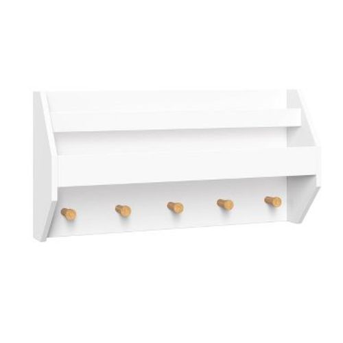 RiverRidge Kids' Catch-All Wall Shelf with Bookrack and Hooks for Books and Bags with Pine Wood Accents White