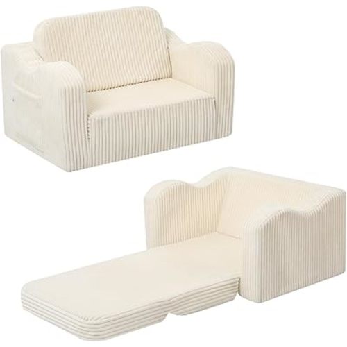 MeMoreCool Toddler Chair Comfy for 1-3 Years Old, Corduroy Kids Couch Bed Fold Out, 2-in-1 Foldable Baby Lounge Chair, Pull Out Children Sofa Bed, Beige