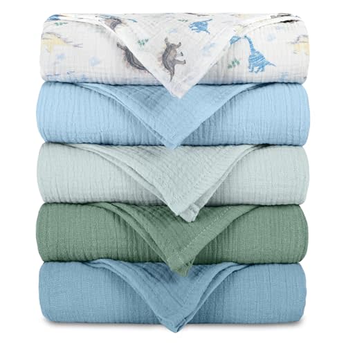 Muslin Receiving Blankets, Neutral Blanket Swaddling for Newborn Boys and Girls, 5 Pack Breathable and Skin-Friendly Swaddle Wrap for Infant Baby (Blue Dinosaur)
