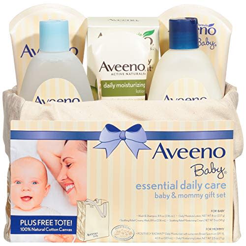 Aveeno Baby Essential Daily Care Baby & Mommy Gift Set featuring a Variety of Skin Care and Bath Products to Nourish Baby and Pamper Mom, Baby Gift for New and Expecting Moms, 7 items