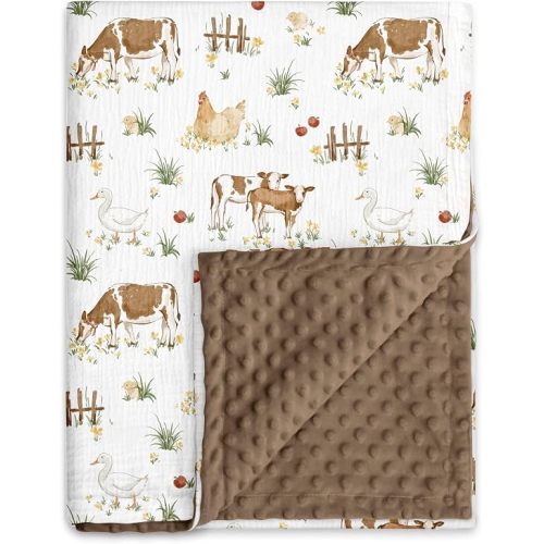 Muslin Baby Blankets for Boys & Girls, Soft Minky Back Toddler Blanket | Nursery Crib Blanket with Double-Layer Dotted Backing, Newborn Receiving Blanket,30''x40'', Cow Farm
