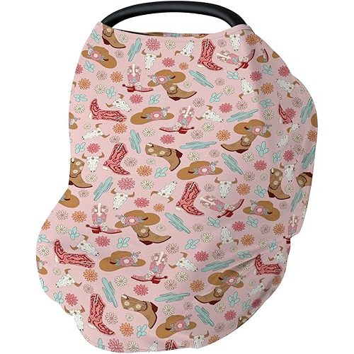 Boho Western Cowgirl Car Seat Cover for Baby Pink Cowgirls Boots Hat Cactus Floral Cow Skulls Stretchy 5-in-1 Cover Adjustable Car Canopy Cover Wild West Breathable Nursing Cover-Up
