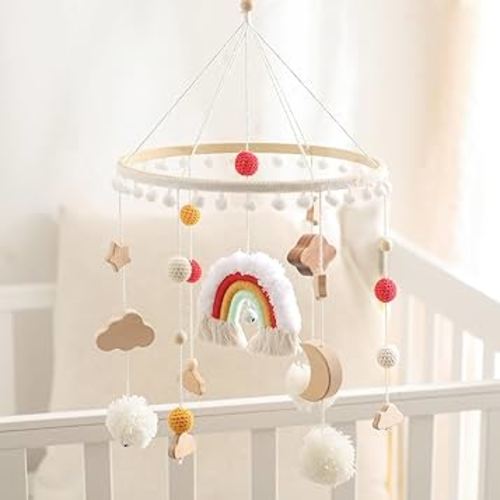 Baby Crib Mobile for Boys Girls Rainbow Nursery Mobile Gender Neutral Hand-Crocheted Mobile Ceiling Mobile - Rainbow, Clouds, Moon
