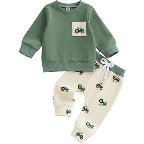 2Pcs Baby Boy Farm Outfits Long Sleeve Tractor Print Pocket Sweatshirt Pants Set Toddler Boy Tracksuit Clothes Set