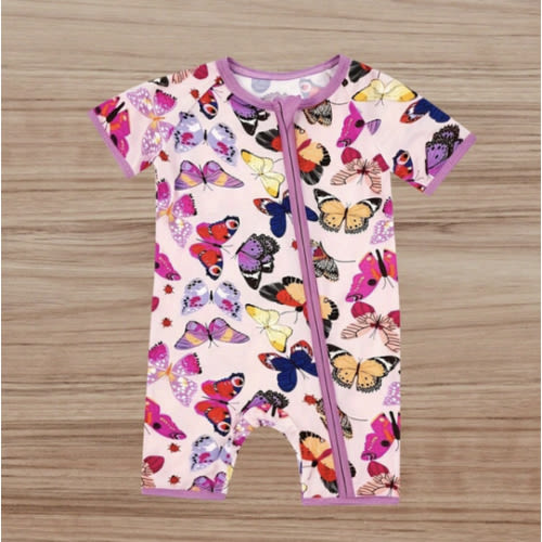 Bamboo Fiber Bodysuit For Baby Girls, Cartoon Butterfly Print, High-Quality Soft Bamboo Fiber Fabric, Zipper, Round Neck, Baby Girls Four Seasons Everyday Cute Clothes, Toddler & Infant Girl's Bodysuit,, Bamboo Toddler | SHEIN USA