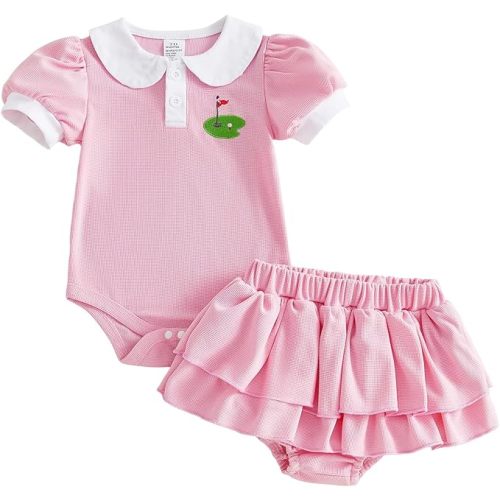 Honganda Infant Baby Girl Golf Outfit Short Sleeve Doll Collar Embroidery Romper with Ruffle Cake Smash Shorts Summer Set