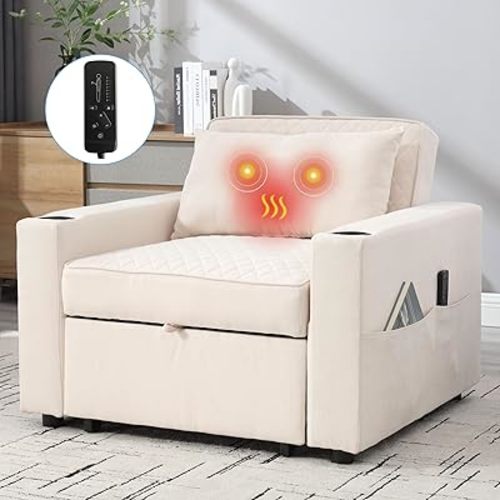 Convertible Sleeper Chair Bed with Massage and Heat Pillow, 3in 1 Chair Bed Sleeper Multi-Functional Chair Sleeper Bed for Drawing Room,Bedroom, Office Sleeper Chair Bed for Adult(Beige)