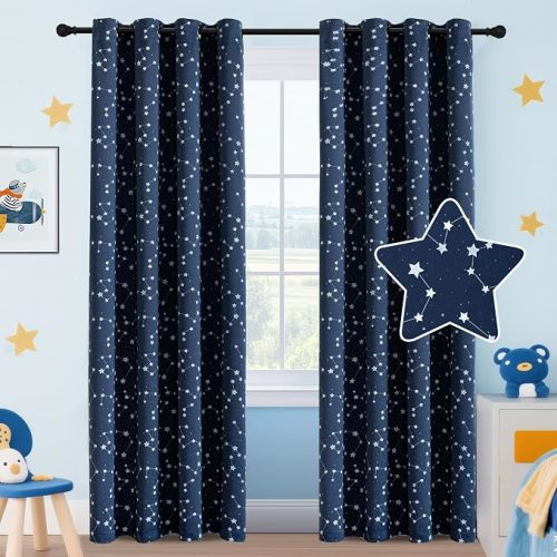 Kids Blackout Curtains for Bedroom Room Darkening Thermal Insulated Silver Stars Curtains Glow in The Dark Grommet Boys Curtains for Nursery Drapes 84 Inch Length 2 Panels Set,Navy