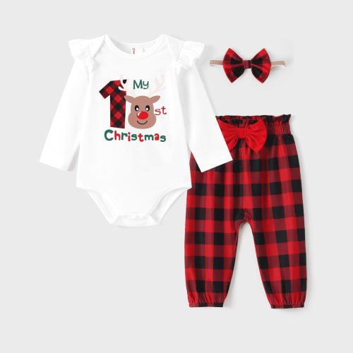 PatPat Baby Girl Christmas Outfit Long Sleeve My First Christmas Reindeer Romper Plaid Pants Headband Set Winter Clothes 0-3 Months