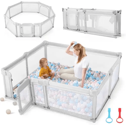 Sweeby Foldable Baby Playpen, Baby Gate Playpens for Babies and Toddlers 79x71 Extra Large Play Yard with Door Fence with Mat and Indoor Play Pen,Light Grey