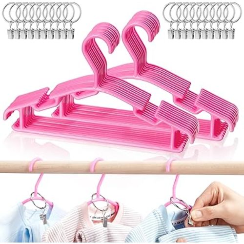 Baby Hangers with Metal Ring Clips, Children Plastic Hanger for Kids Pants Clothes Closet, 20 Pack, Rose red