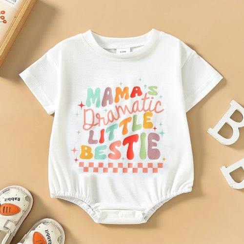 Baby's "Mama's Dramatic Little Bestie" Letter Print Triangle Bodysuit, Casual Short Sleeve Outdoor Onesie, Toddler & Infant Girl's Clothing For Summer, As Gift